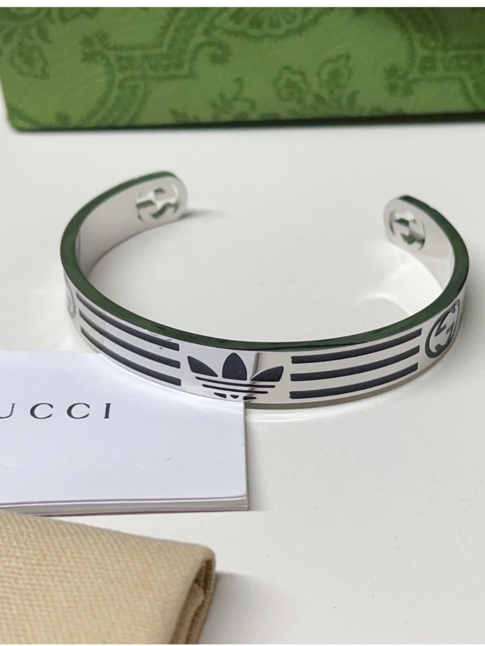 Double G Designer X Adidas Enamel Sport Cuff Silver Tone Black Bracelet